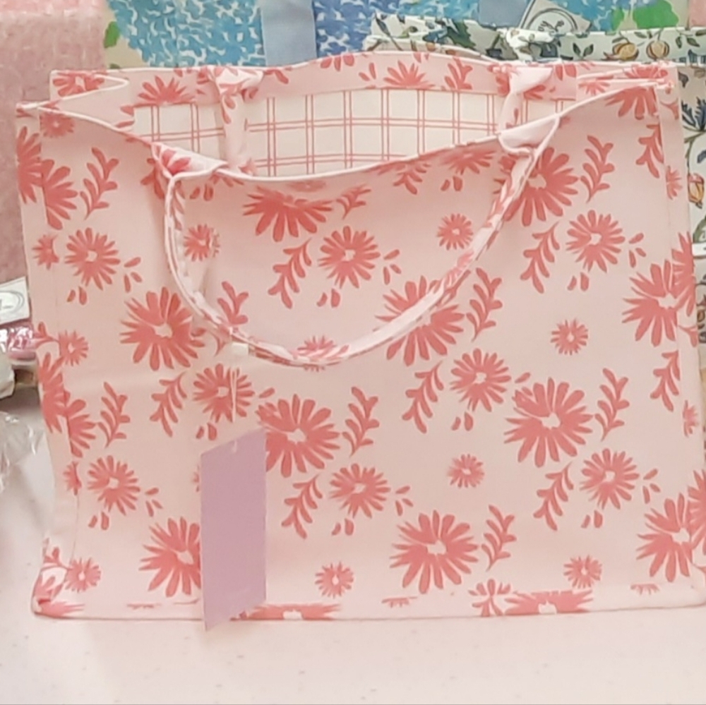 New Pink Floral Print Canvas Tote Bag- Stylish Summer Tote
